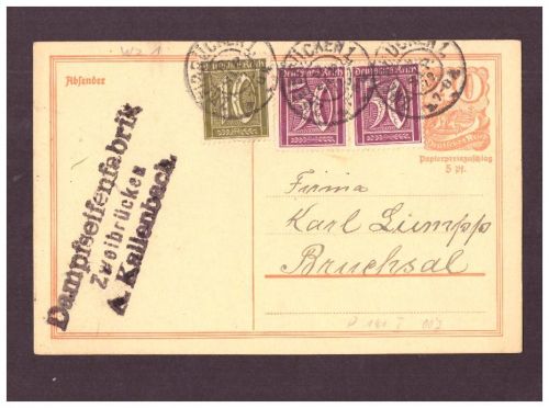 Infla Ganzsache - Dampseifenfabrik Zweibrücken nach Bruchsal - 1922