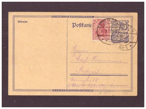 Infla Ganzsache P 146 - Tübingen nach Stuttgart - 1922