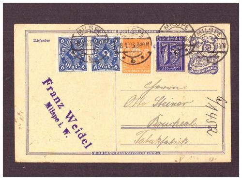 Infla Ganzsache P 146 - Tabakfabrik / Milspe nach Bruchsal - 1923