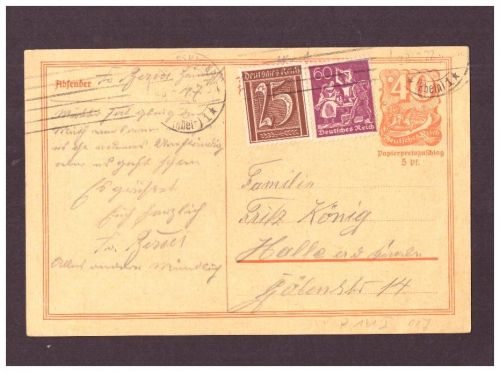 Infla Ganzsache P 141 Typ I - Ludwigshafen nach Halle - 1922