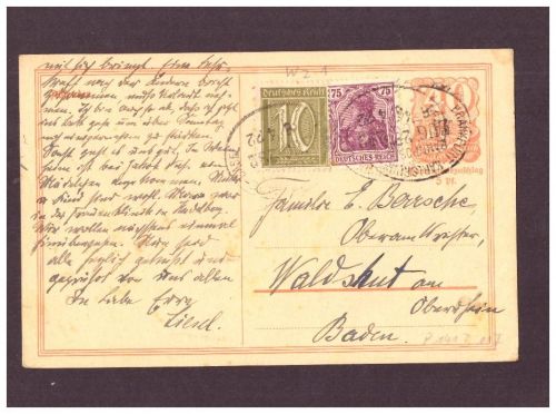 Infla Ganzsache P 141 Typ I - Frankfurt a. M. nach Waldshut a. Oberrhein - 1922