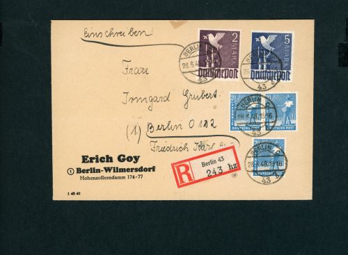 Alliierte Besetzung Kontrollrat 962c MiFr. 960a +950a Einschreiben Berlin Attest