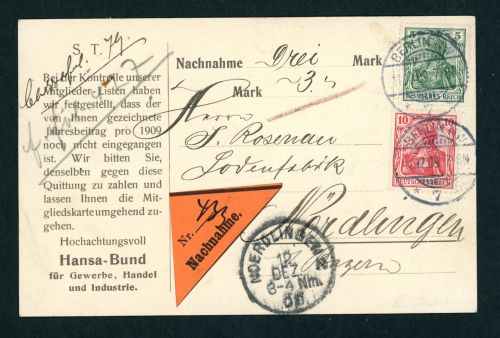 Dt. Reich Germania MiFr Nachnahme Karte Mitgliedsbeitrag Berlin n. Nördlingen