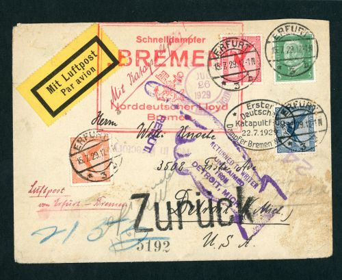 DR Luftpost - Katapultflug Beleg Dampfer Bremen - Erfurt n. Detroit zurück 1929