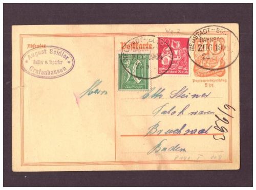 Infla Ganzsache P 141 - Tabakfabrik / Grafenhausen Neustadt nach Bruchsal - 1922