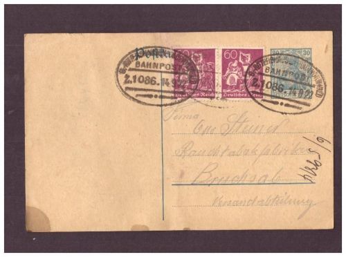 Infla Ganzsache Germania " 30 " - Tabakfabrik / Rattershausen n. Bruchsal - 1922