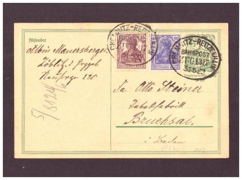 Infla Ganzsache P 140 / MF - Bahnpost Chemnitz Reitzenhain n. Bruchsal - 1922