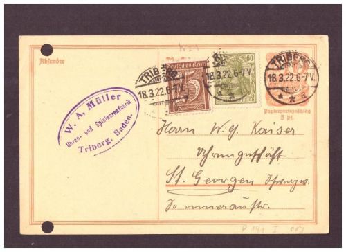 Infla Ganzsache P 141 - Uhren und Spielwarenfabrik Triberg n. St. Georgen - 1922
