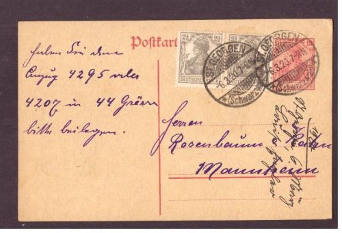 Infla Ganzsache Germania " 10 " / MF - St. Georgen nach Mannheim - 1920