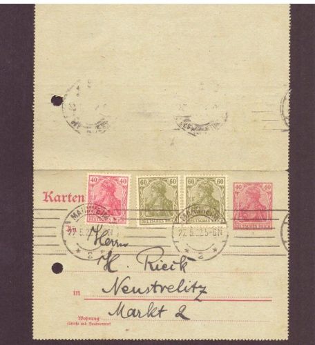 Kartenbrief - MF / Germania " 40 " - Mannheim nach Neustrelitz - 1922