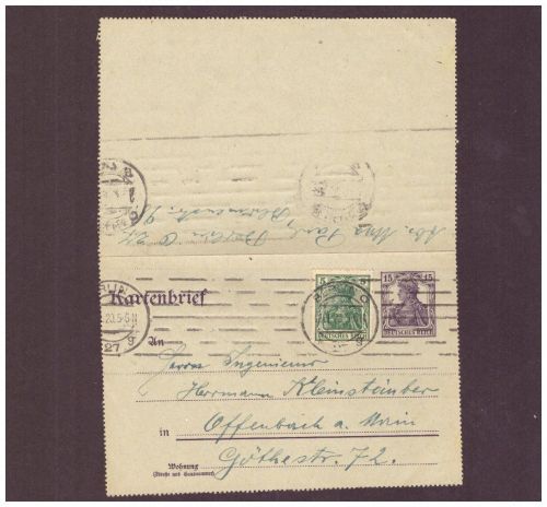 Kartenbrief Ganzsache Germania " 15 " / MF - Berlin n. Offenbach - 1920