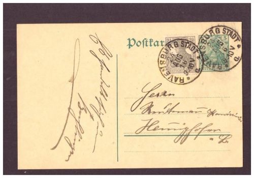 Infla Ganzsache Germania " 5 " / MF - Ravensburg - Hemighofen - 1916