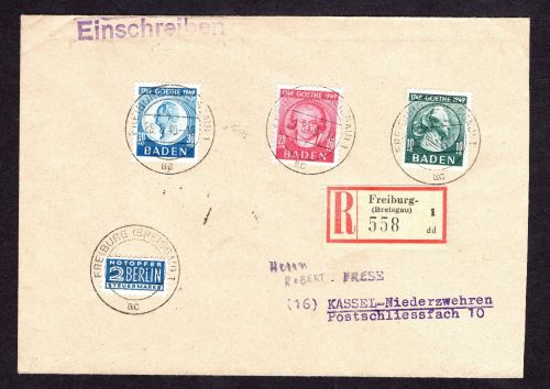 All. Besetzung Baden MiFr 47 - 49 Einschreiben Freiburg n. Kassel geprüft