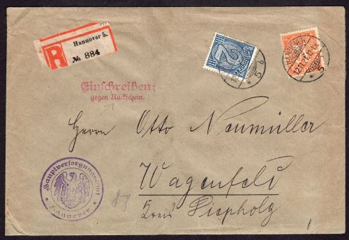 Dt. Reich Infla Dienstbrief Mischfrankatur Einschreiben Hannover 1921