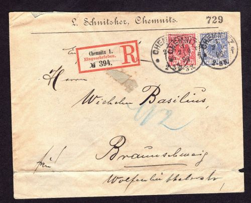 Dt. Reich Mischfrankatur Einschreiben Chemnitz n. Braunschweig 1895