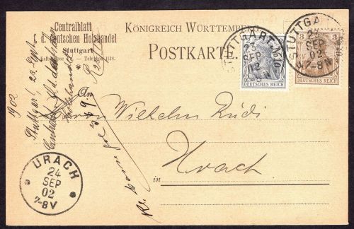 Dt. Reich Mischfrankatur Germania Stuttgart n. Urach 1902