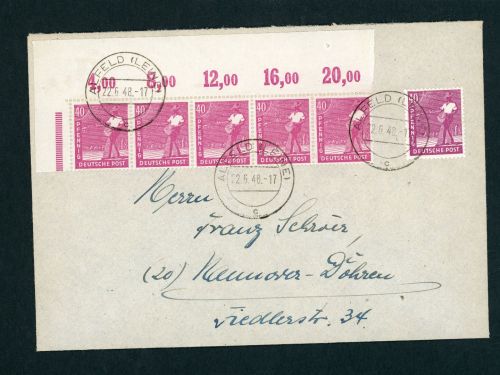 All.Besetzung 10fach Frankatur Michel Nr. 954 POR ndgz Alfeld 22.05.1948