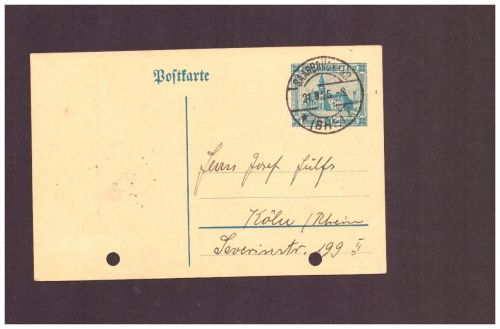 Saargebiet Ganzsache P19 gelocht Saarbrücken n. Köln 1925