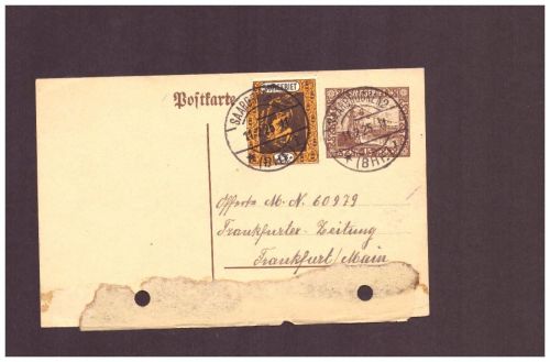 Saargebiet Ganzsache P16 gelocht Saarbrücken n. Frankfurt / Main 1925