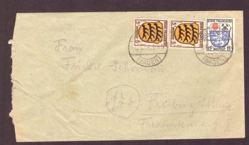 Brief Alliierte Besetzung Franz. Zone Sulzburg nach Freiburg