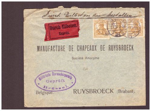 Dt. Reich Germania - MF - Zensur Hamburg n. Ruysbroeck Belgien - 1917