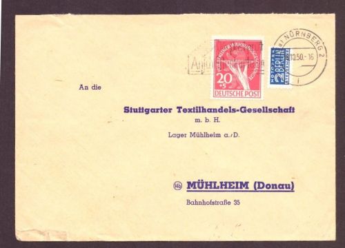 Berlin / West Brief - Michel Nummer 69 - Nürnberg nach Mühlheim 1950