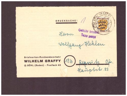 Drucksache Alliierte Besetzung Franz. Zone - Gebühr bezahlt - Bühl 1947