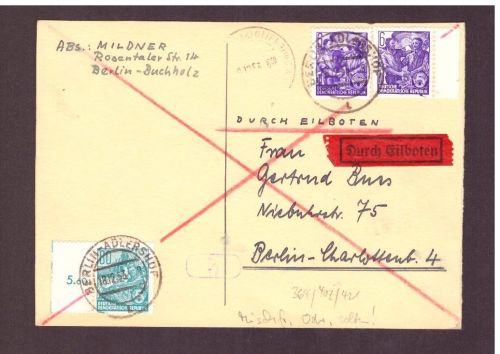 DDR Eilboten Michel Nr 364 + 407 + 421- seltene Mischfrankatur - Berlin 1953