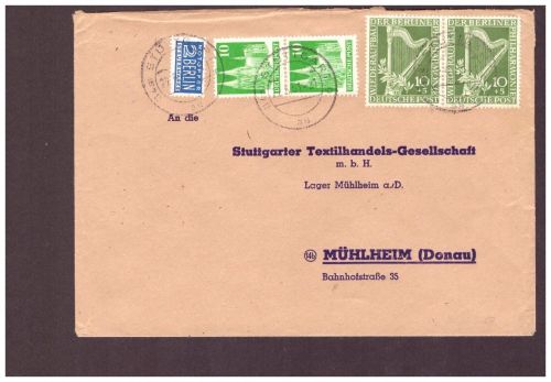 Berlin / Wiederaufbau - MiNr. 72 als Paar - Stuttgart n. Mühlheim 1951