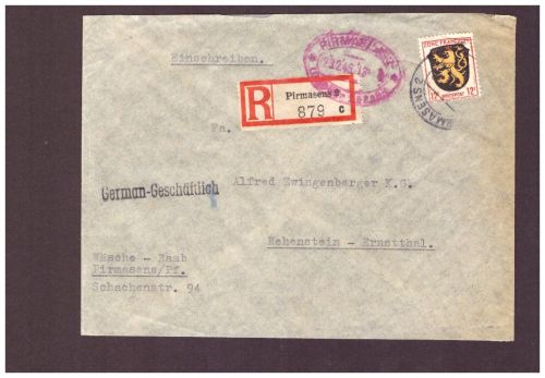 Einschreiben Alliierte Besetzung Franz. Zone - Pirmasens n. Hohenstein 1945