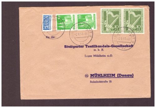Berlin / Wiederaufbau - MiNr. 72 als Paar - Stuttgart n. Mühlheim 1951