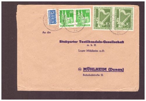 Berlin / Wiederaufbau - MiNr. 72 als Paar - Stuttgart n. Mühlheim 1951