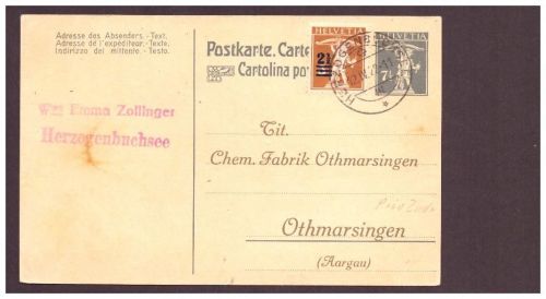 Schweiz Ganzsache + Privat Zudruck + ZuF - Herzogenbuchsee n. Othmarsingen 1922