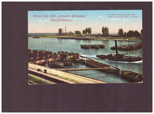 Ansichtskarte Bayern - Gruss aus Maximiliansau / Schiffe - Steg - Industrie 1912