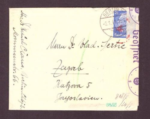 Dt. Reich Besetzung Zagreb / Kroatien Einzelfrankatur / aus Berlin - 1941 Zensur