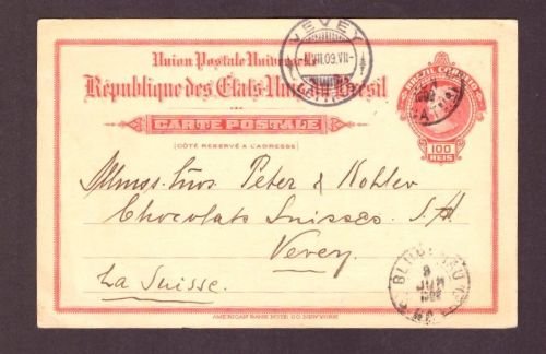 Brasilien Ganzsache Blumenau nach Vevey / Schweiz 1909