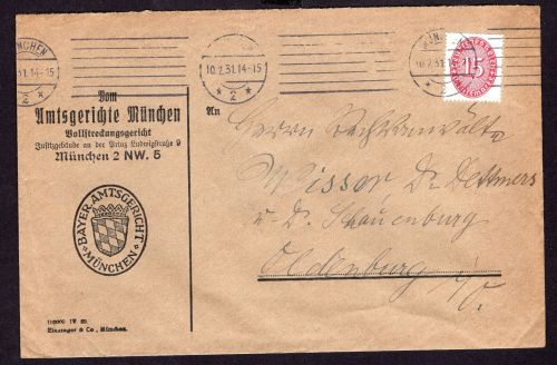 Dt. Reich Dienstbrief Michel Nummer 118 München nach Oldenburg