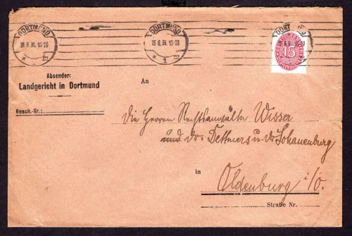 Dt. Reich Dienstbrief Michel Nummer 118 Dortmund nach Oldenburg