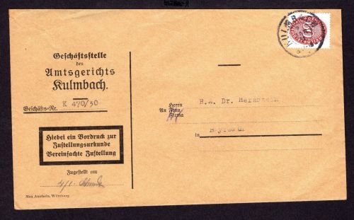 Dt. Reich Dienstbrief Michel Nummer 122 Kulmbach nach Bayreuth