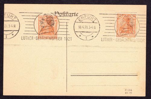 Deutsches Reich Germania Postkarte - Stempel Erfurt Luther Gedächtnisfeier 1921