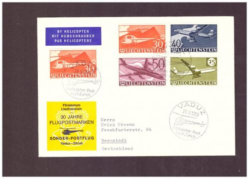 Liechtenstein Flugpost / Helikopter - Vaduz nach Darmstadt 1960
