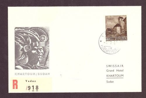 Liechtenstein Einschreiben - Swissair Club / Vaduz nach Khartoum / Sudan 1961
