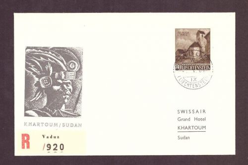 Liechtenstein Einschreiben - Swissair Club / Vaduz nach Khartoum / Sudan 1961