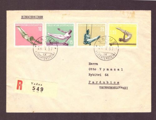 Liechtenstein Einschreiben - Turner Satz - Vaduz nach Pardubice 1957