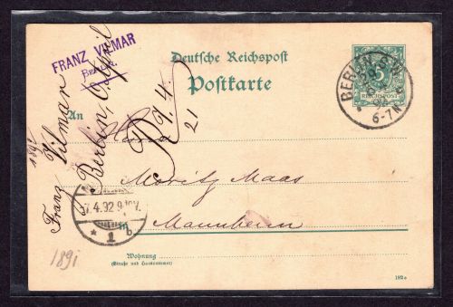 Deutsches Reich Ganzsache 1892 Berlin nach Mannheim