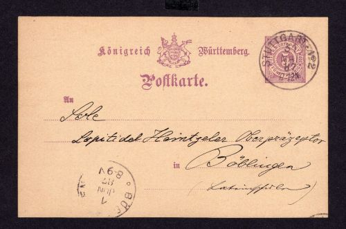 Deutsches Reich Ganzsache 5 PF. Stuttgart nach Böblingen 1887