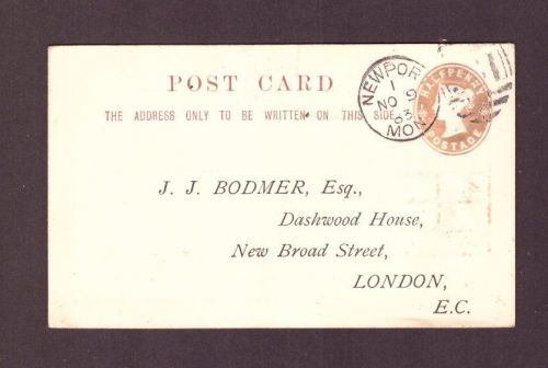 Großbritannien Ganzsache half penny - Newport nach London 1883