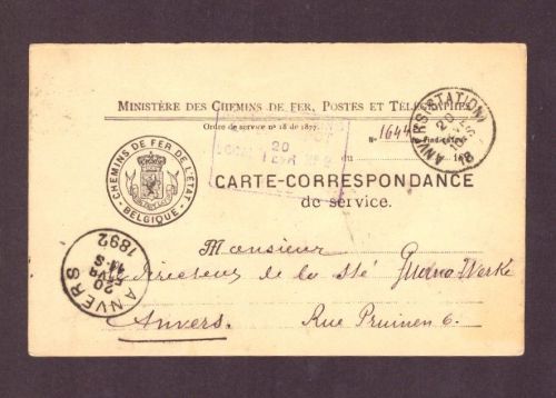 Belgien Carte - Correspondance : Chemins de fer de l` Etat - Anvers 1892