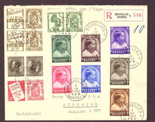 Belgien Brief / Einschreiben - Kronprinz Baudouin - Brüssel nach Augsburg 1937