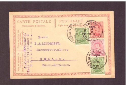 Belgien Ganzsache - Claes de Vrieselaan nach Graabo / Schweden 1921